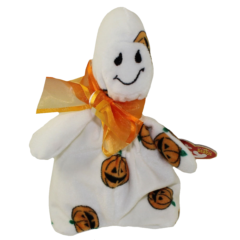 A plush white ghost with pumpkins printed on its fabric. It has an orange ribbon around its neck and a red heart tag with the letters TY on its left arm.